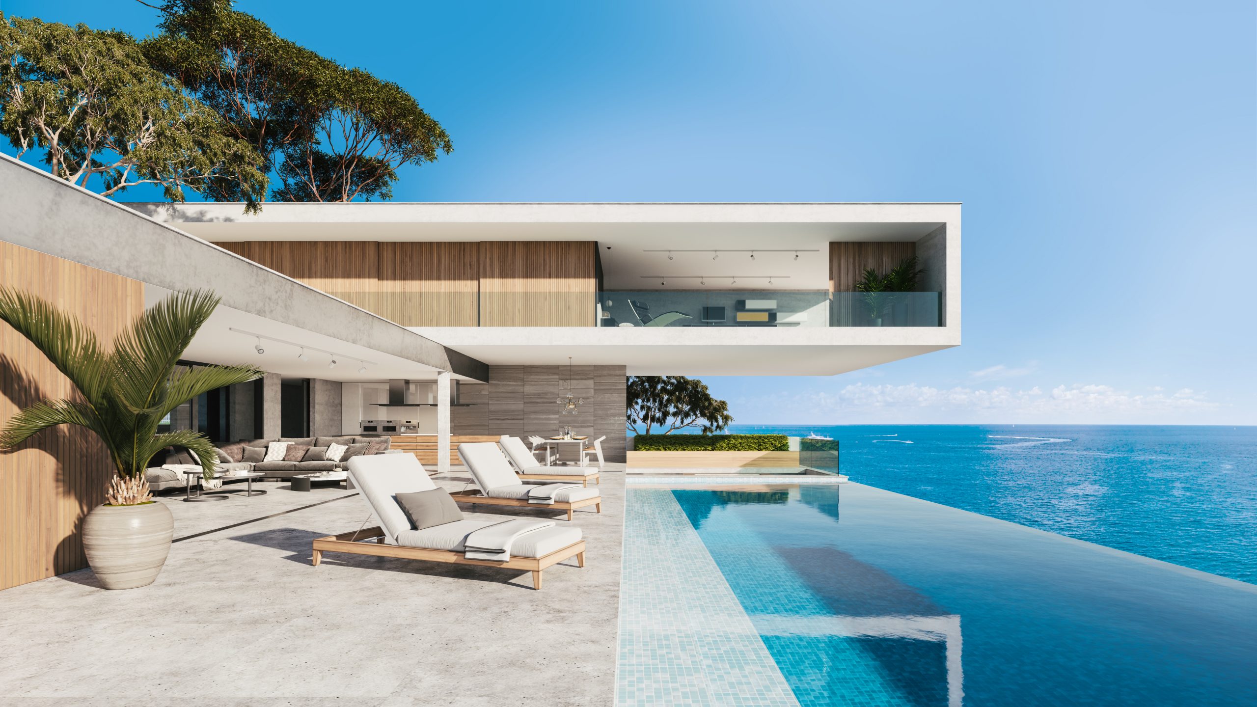 Contemporary,House,With,Pool.,Pool,Deck,At,Private,Villa.,3d