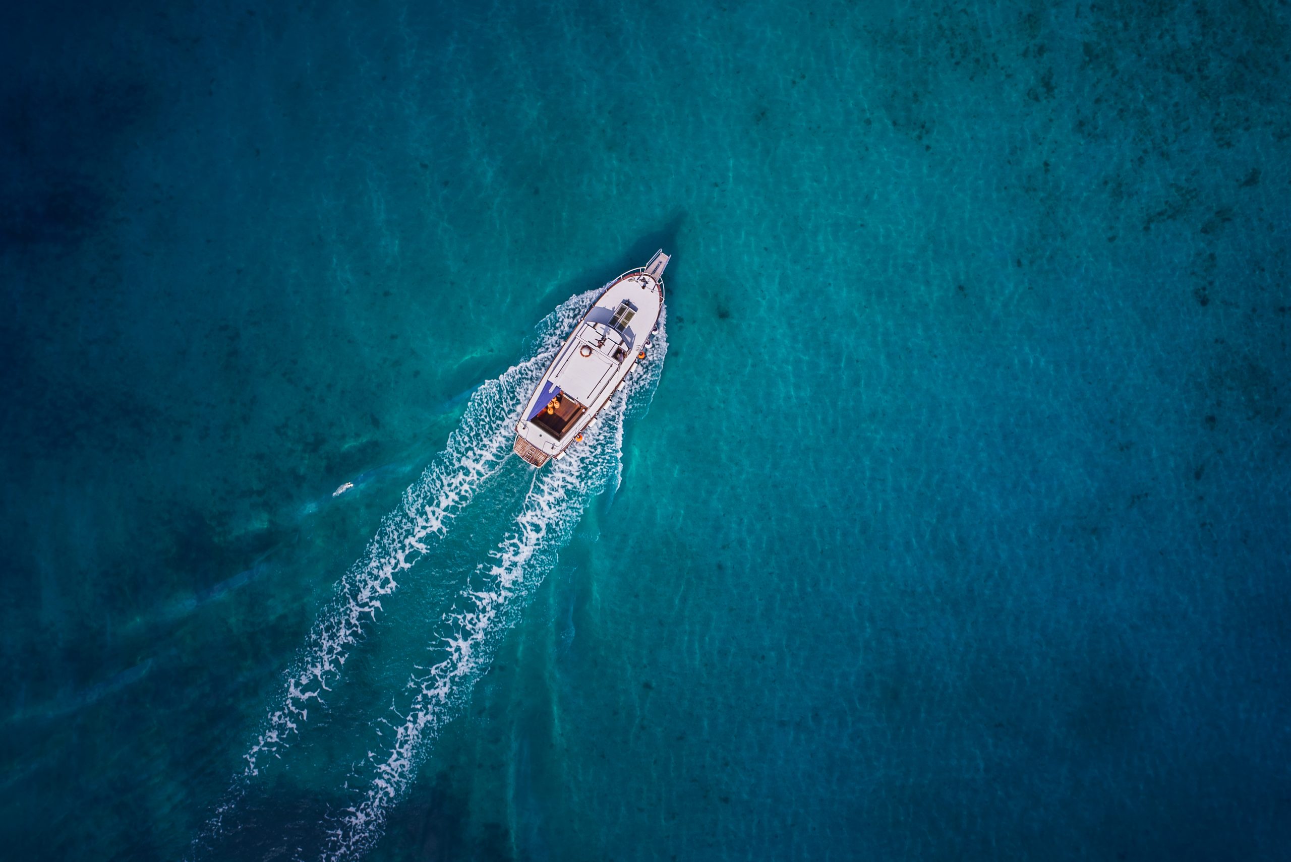 Vintage,Wooden,Boat,In,Coral,Sea.,Boat,Drone,Photo.